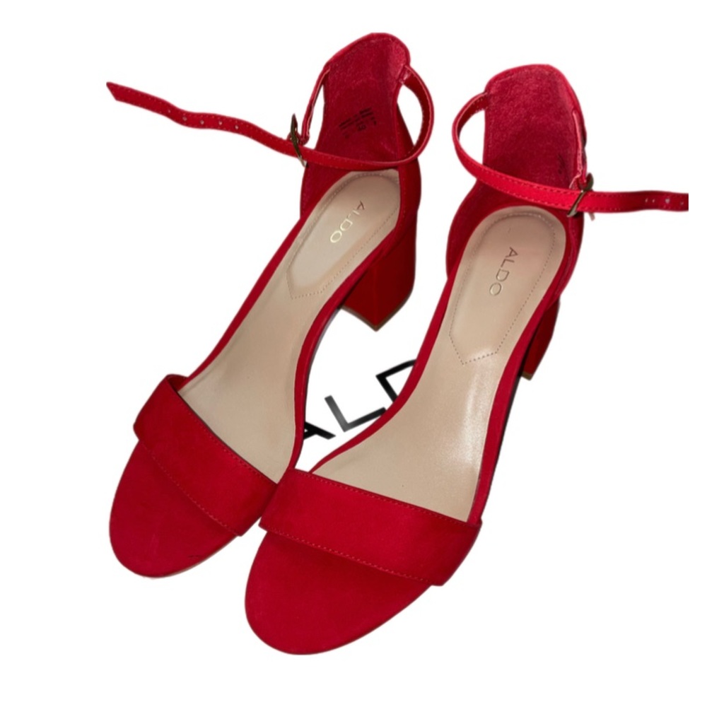Aldo Red Textured Suede Leather Chunky Heeled Ankle Strap Sandals